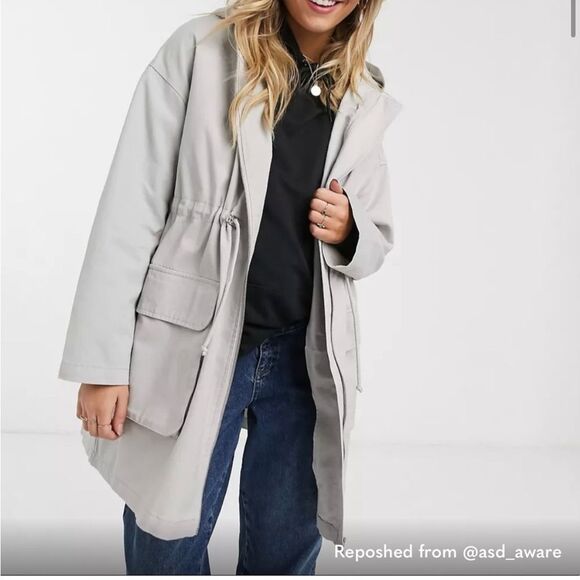 ASOS gray/tan hooded maternity cinch waist lightweight summer coat cotton sz 4 - Picture 3 of 6